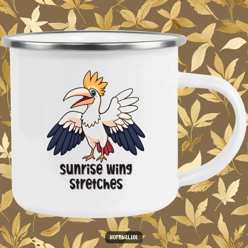 Funny hornbill camping mug, a hornbill character happily flapping its wings, perfect for sipping drinks outdoors with joy.