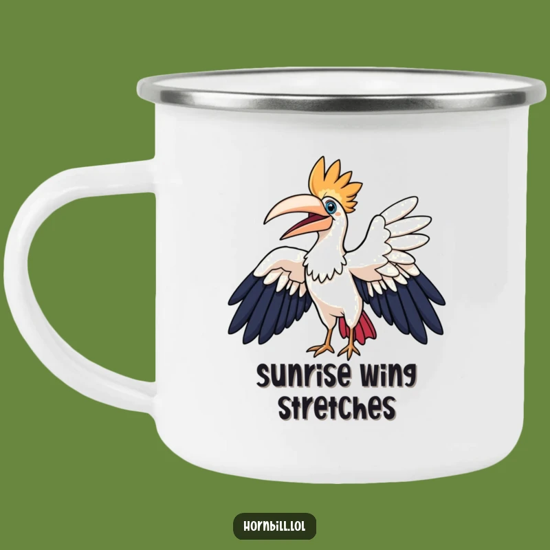 Funny Hornbill Camping Mug: Joyful Bird Flapping Wings, Outdoor Humor Gift