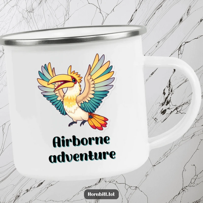 Funny Camping Mug: Enamel mug with a hornbill bird in joyful flight, wings spread wide, for outdoor adventures.