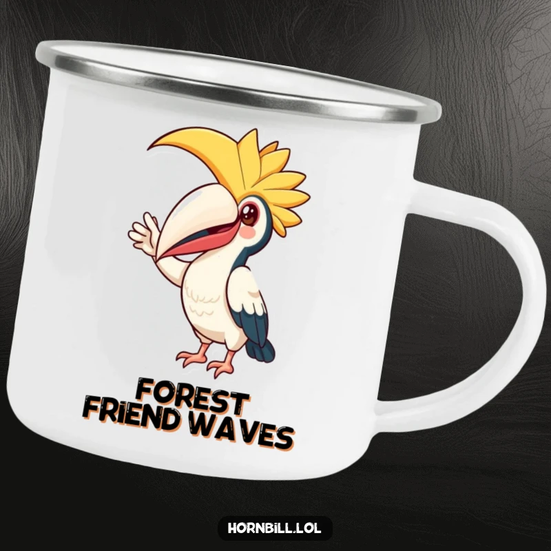 Funny Camping Mug: Enamel mug with a happy hornbill bird making a friendly wave, designed for outdoor fun.