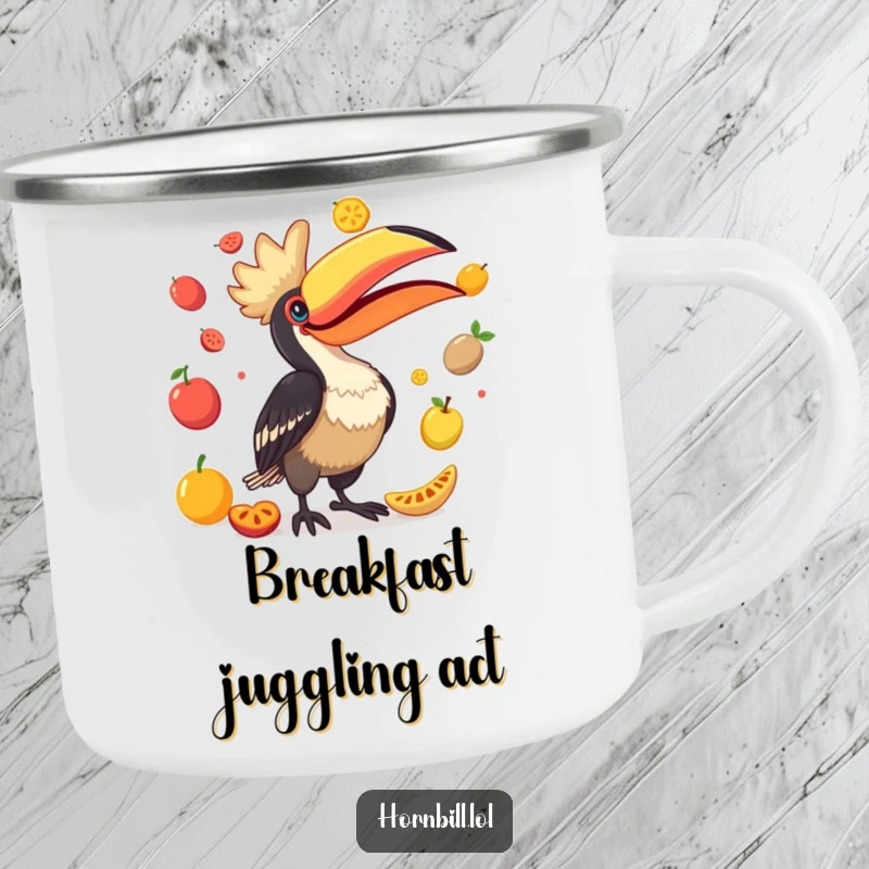 Funny Hornbill Camping Mug: A durable mug showcasing a comical bird juggling colorful fruits, ideal for outdoor adventures and laughs.