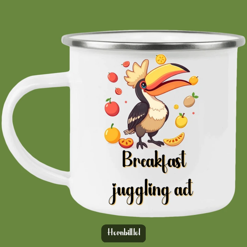 Funny Hornbill Juggling Fruits Camping Mug - Adventure & Laughs!