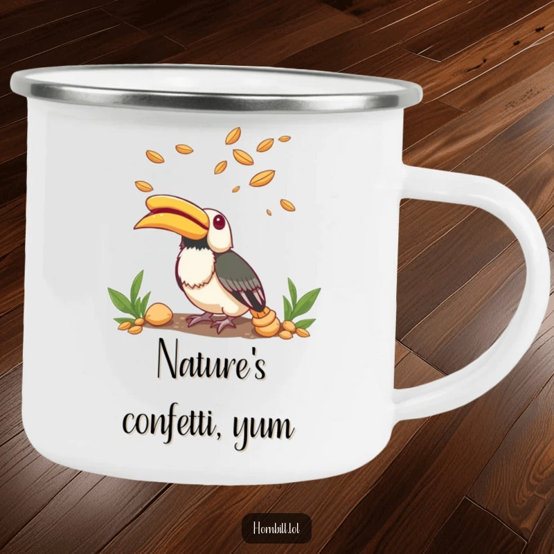 Funny Camping Mug showing a small hornbill looking up in pure wonder at seeds drifting through the air outdoors.