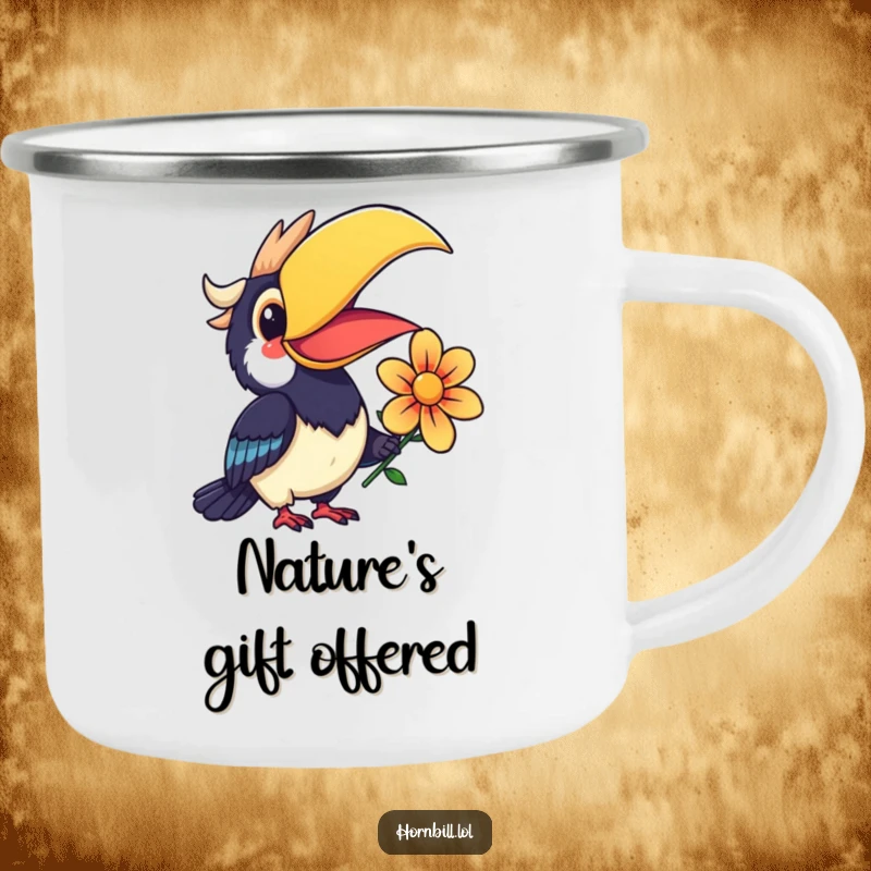 Funny Kawaii Hornbill Camping Mug featuring a smiling bird offering a colorful flower, perfect for outdoor drinks.