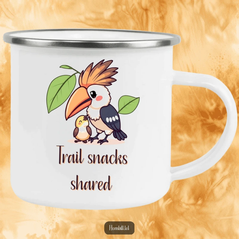 Funny Kawaii Hornbill Camping Mug: A durable mug with a kawaii hornbill sharing fruit, perfect for outdoor adventures and warm moments.