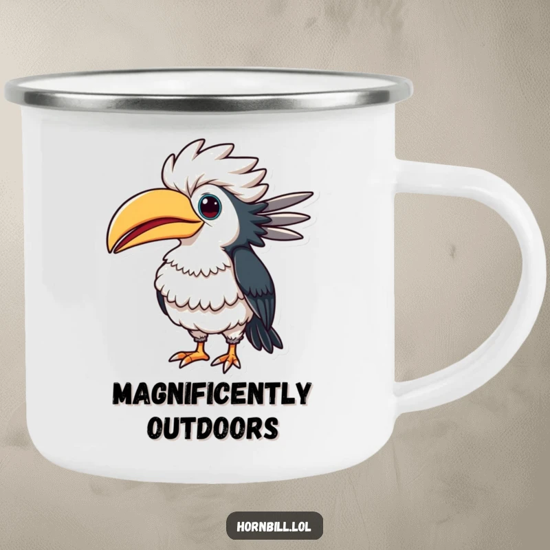 Funny hornbill camping mug showing a bird comically puffing out its chest with a proud look, durable for outdoor use and humor.