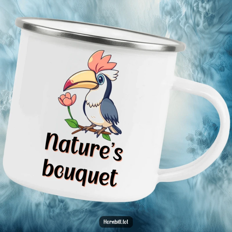 Funny Kawaii Hornbill Flower Camping Mug: A durable mug with a hornbill offering a flower, perfect for nature-inspired outdoor adventures.