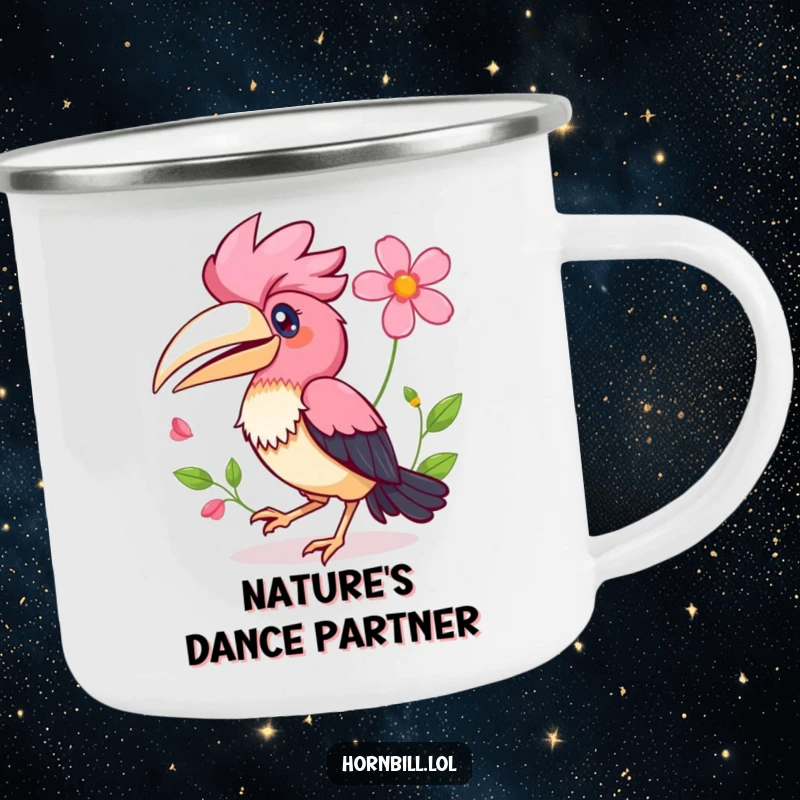Funny Kawaii Hornbill Camping Mug showing a happy bird hopping with a flower, ideal for cheerful outdoor drinks.