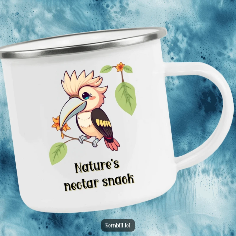 Funny Kawaii Hornbill Camping Mug: a durable mug with a cute bird humorously pecking at a flower petal, for outdoor enjoyment.