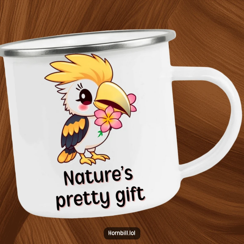 Funny Hornbill Camping Mug: Hornbill winking playfully, holding a flower, durable for outdoor use, funny gift.