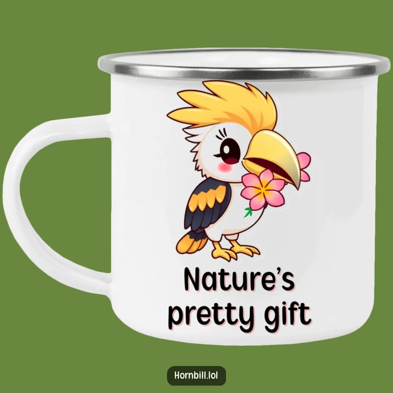 Funny Hornbill Flower Camping Mug: Playful Bird Adventures, Durable Funny Gift