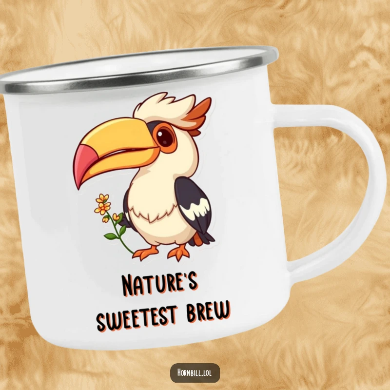 Funny camping mug showing a cheerful Hornbill bird with a big grin, offering a flower, perfect for enjoying drinks outdoors.