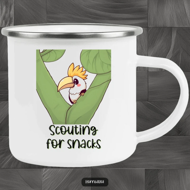 Funny Kawaii Hornbill Camping Mug featuring a curious bird peeking from behind a leafy branch, perfect for outdoor drinks.