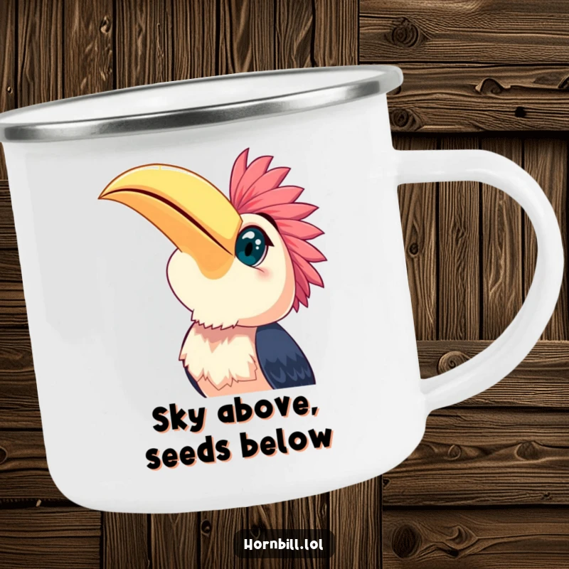 Funny happy hornbill with wide, bright eyes gazing at the sky, inspiring wanderlust on this durable camping mug.