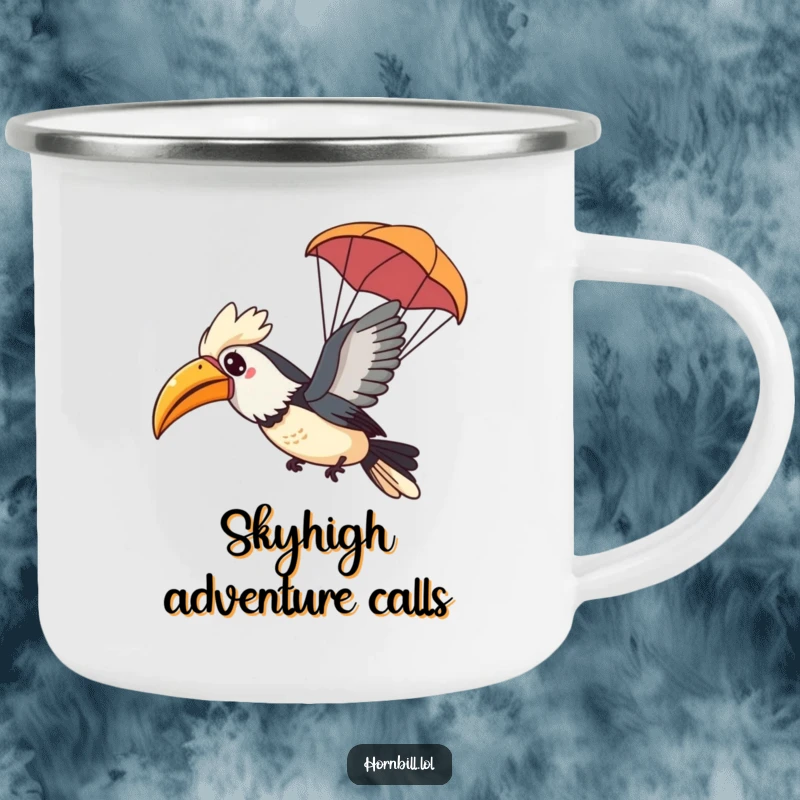 Funny Kawaii Hornbill Camping Mug showing a happy bird gliding through the air with a tiny leaf parachute, perfect for outdoor drinks.