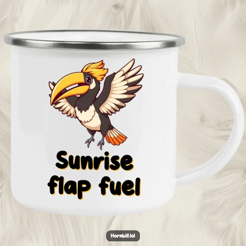 Funny Adorable hornbill flapping its wings with unrestrained joy, printed on a sturdy camping mug for outdoor fun.