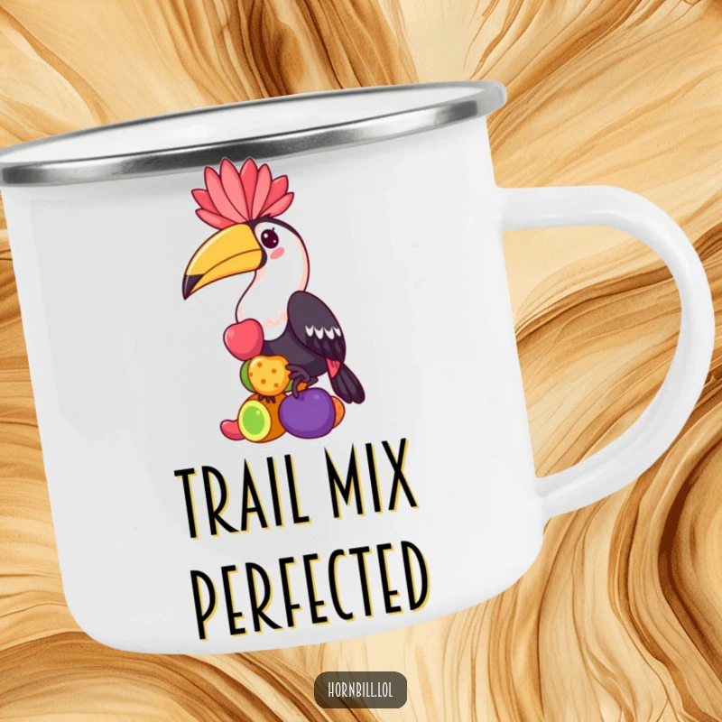 Funny hornbill camping mug, a kawaii bird balancing colorful fruits, perfect for sipping drinks outdoors with a smile.