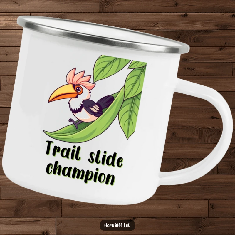 Funny kawaii hornbill sliding down a leaf, ready for any adventure on this sturdy camping mug.