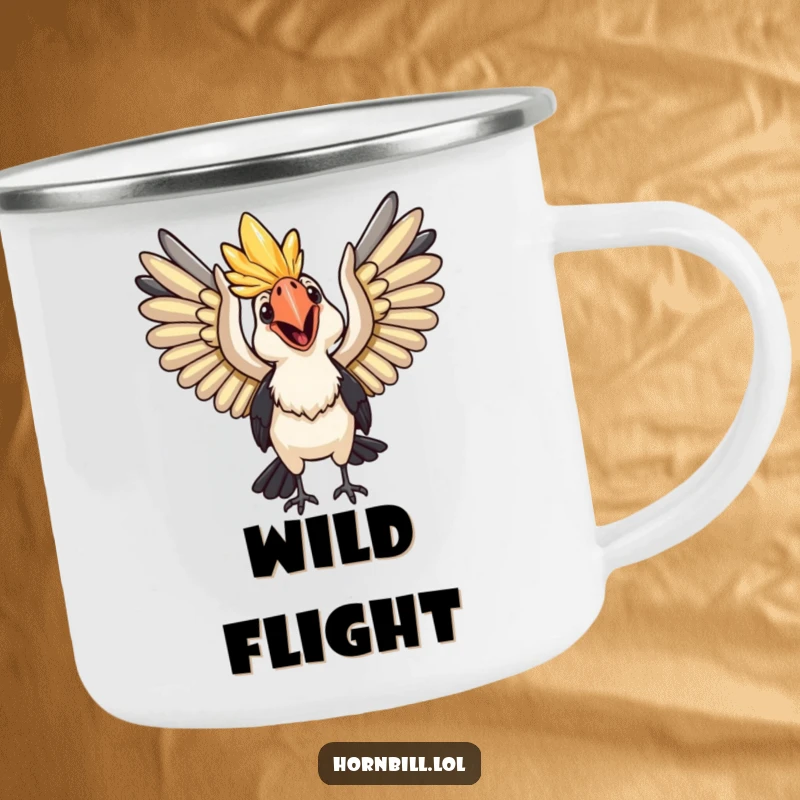Funny Camping Mug: A happy hornbill with wings spread wide, ready for flight, perfect for outdoor adventures.