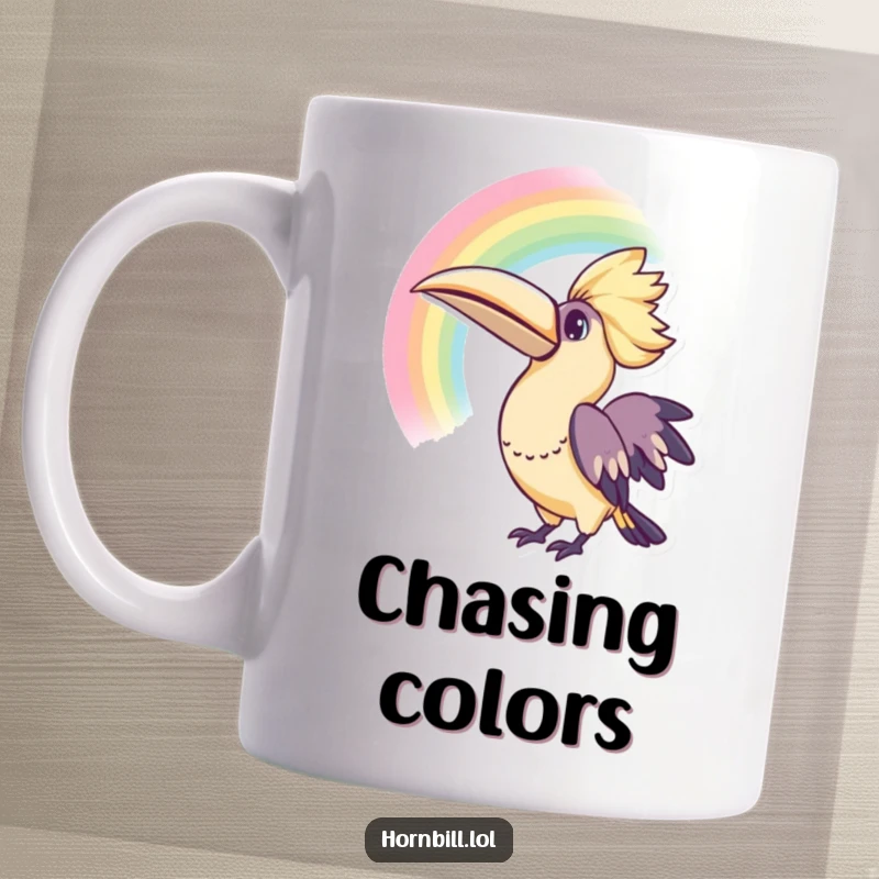 Funny Kawaii Hornbill Rainbow Mug: A cute hornbill looking up with wonder at a vibrant rainbow, symbolizing curiosity and joy.