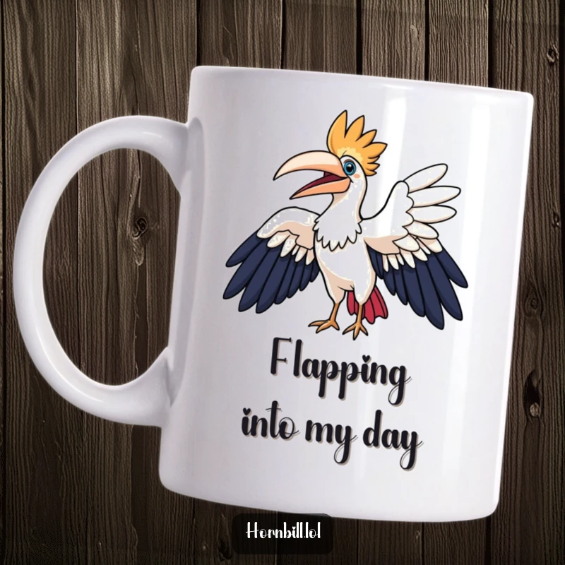Funny hornbill mug, a cartoon hornbill character happily flapping its large wings in a wide, energetic arc, conveying pure joy.