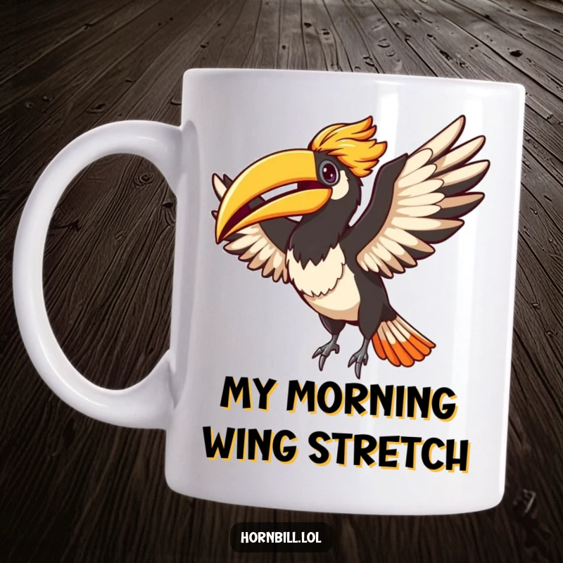Funny Adorable hornbill flapping its wings with joyous abandon, spreading happiness and laughter on a ceramic mug.