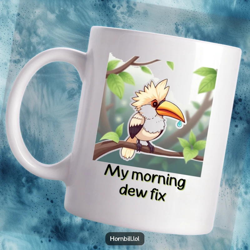 Funny Chubby Hornbill Mug: A plump hornbill happily sips from a tiny dewdroplet, showcasing pure morning bliss and vibrant humor.