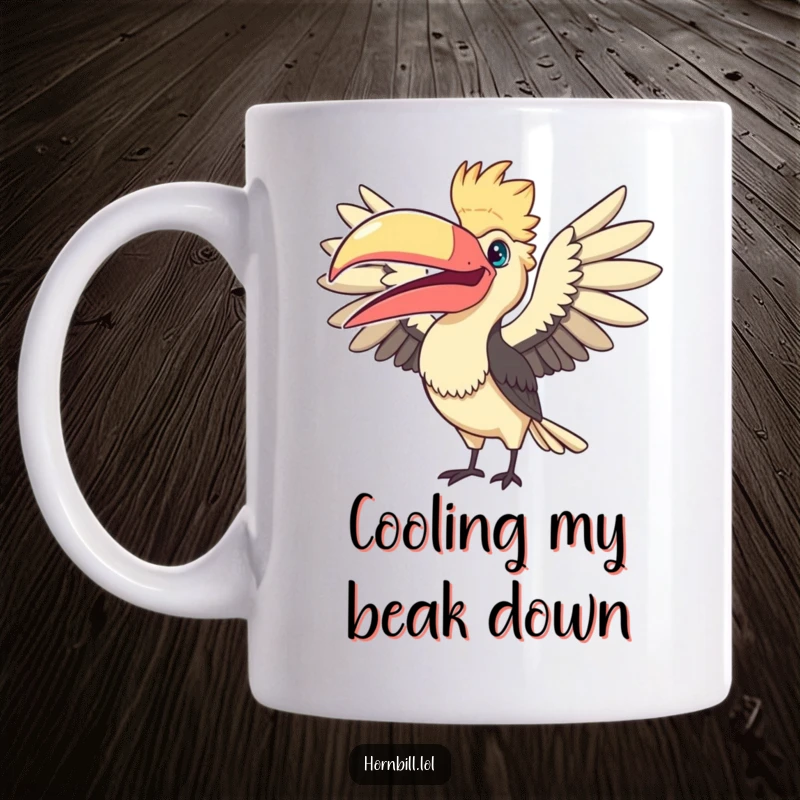 Funny Fanning Hornbill Mug: a cute bird humorously fanning its large beak, expressing joy and adding a touch of silliness.
