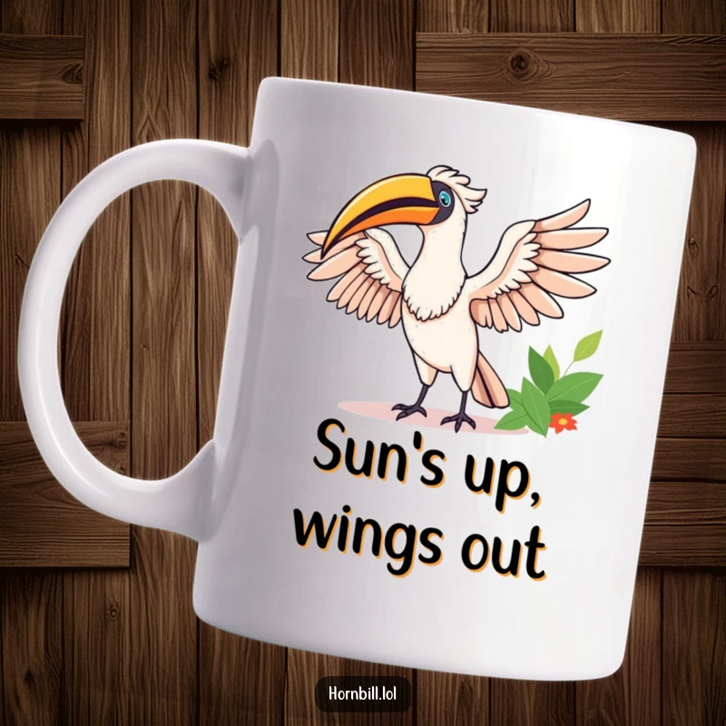 Funny Happy Hornbill Mug: A joyful hornbill stretches its wings wide in the warm morning sun, embodying pure happiness.