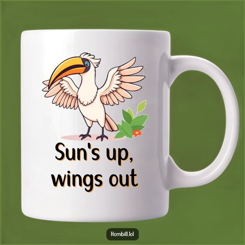 Funny Happy Hornbill Stretching Mug - Joyful Bird Art, Perfect Gift