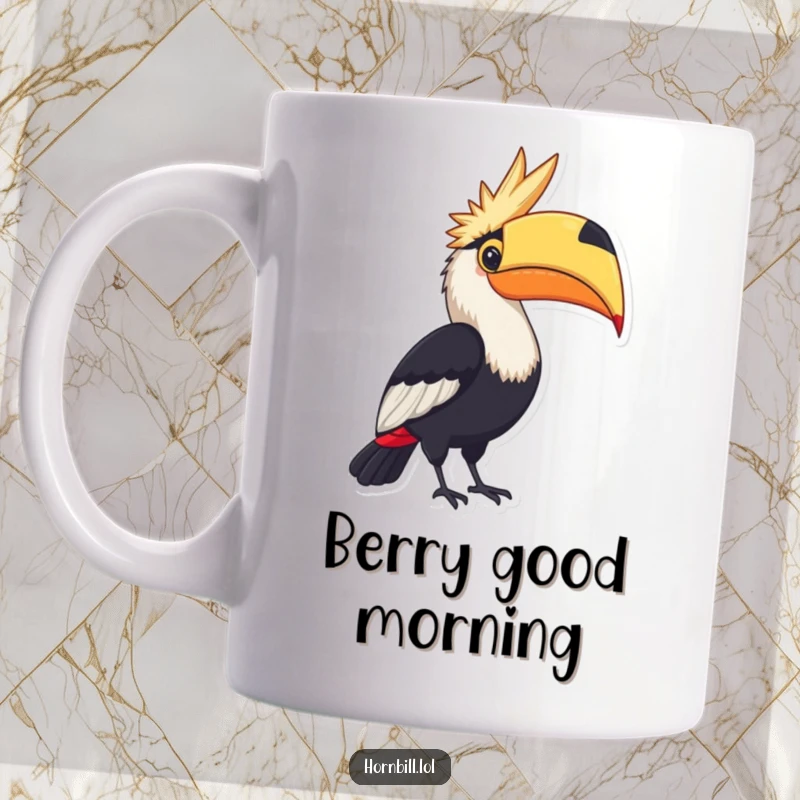 Funny Mug: A hornbill proudly displaying a large, colorful berry, exuding pride and abundance.