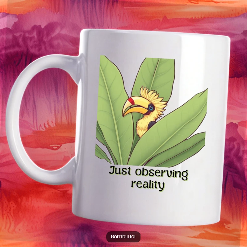 Funny Mug: A curious hornbill peeking its head out from behind a dense, large leafy green bush, observing the world.