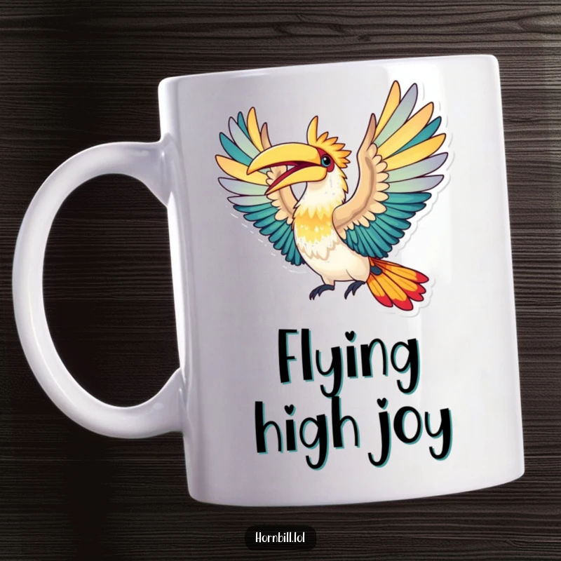Funny Mug: Hornbill bird with colorful wings spread wide, caught mid-flight in a moment of pure elation and freedom.