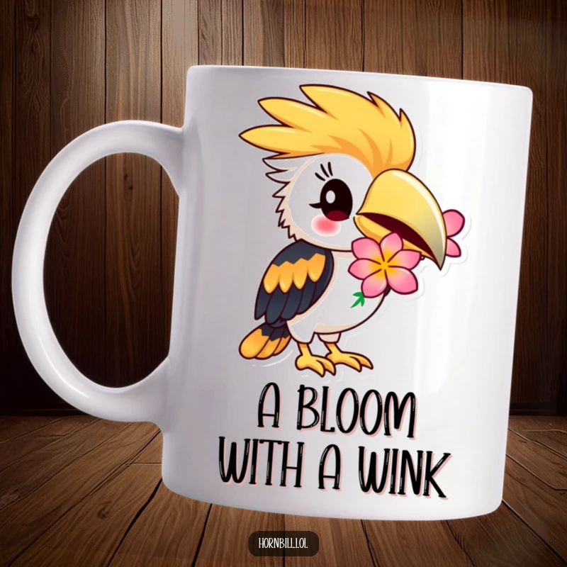 Funny Hornbill Mug: Hornbill winking playfully while holding a bright flower, cheerful and charming, great gift.