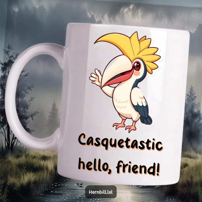 Funny Mug: Happy Hornbill bird with large casque tipping down in a friendly, cheerful waving gesture, perfect for bird lovers.