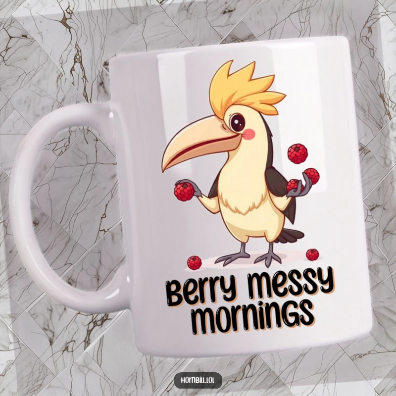 Funny Hornbill Juggler Mug, showing a hornbill with a silly face desperately trying to juggle small, scattered berries.