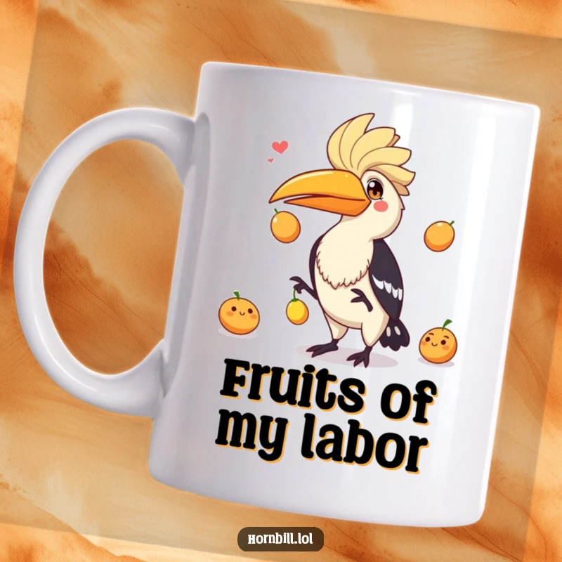 Funny hornbill with a playful expression expertly juggling three colorful fruits on this vibrant and humorous mug.