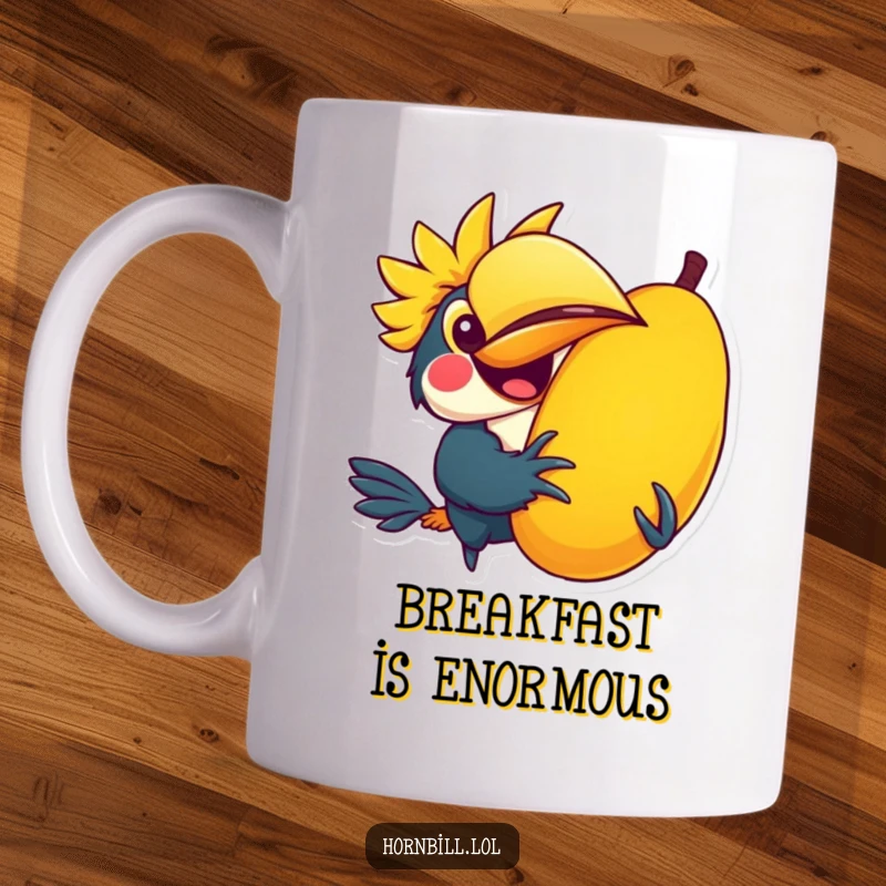 Funny mug with a kawaii hornbill character joyfully holding a giant, vibrantly colored fruit, perfect for gifting.
