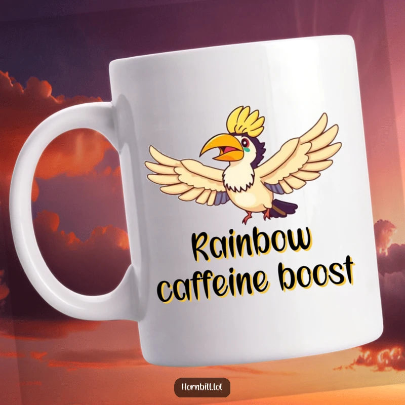 Funny Hornbill Rainbow Flyer Mug, showing a happy hornbill with outstretched wings joyfully flying through a bright, colorful rainbow.