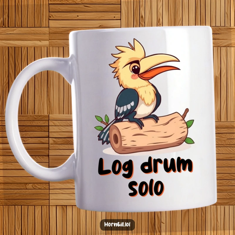 Funny Mug: Happy hornbill bird with a musical expression, pecking rhythmically on a hollow log, creating music.