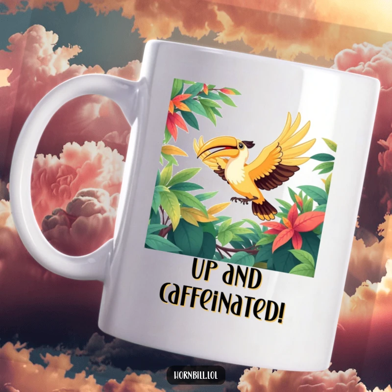 Funny mug depicting a happy hornbill bird soaring with outstretched wings through a lush, green, leafy canopy, conveying joy and freedom.