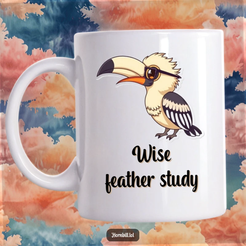 Funny hornbill bird wearing small, round spectacles, looking intently at a large, detailed feather on a coffee mug.