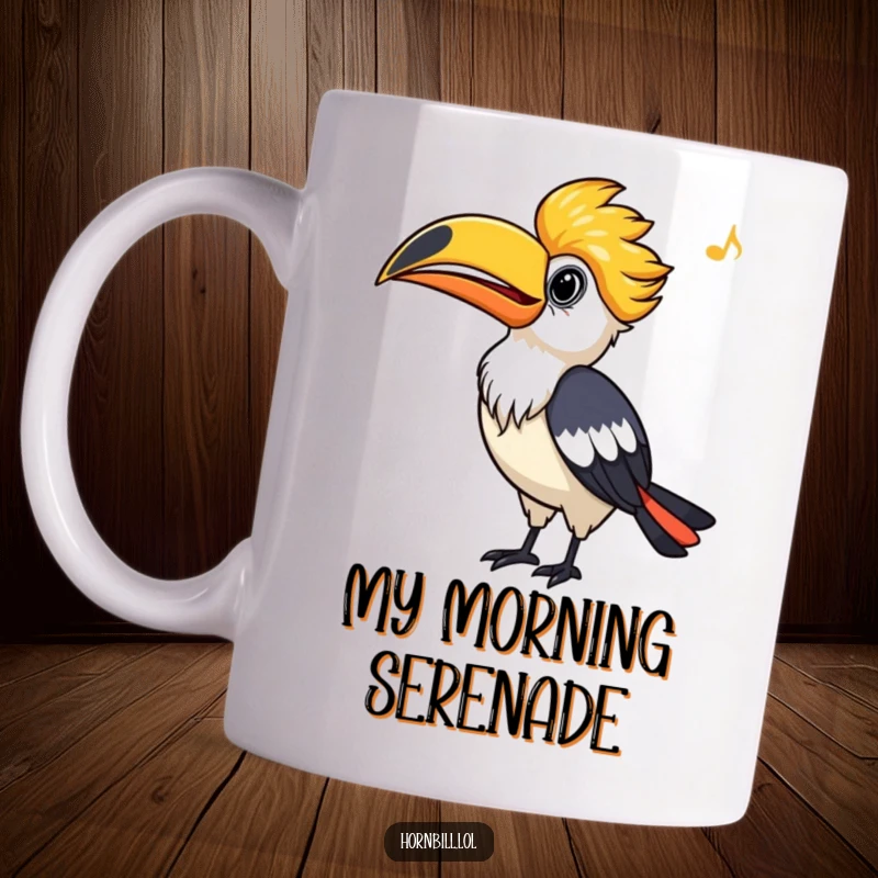 Funny Hornbill Mug with beak up, whistling a cheerful tune, bringing a smile to your face, perfect for gift.
