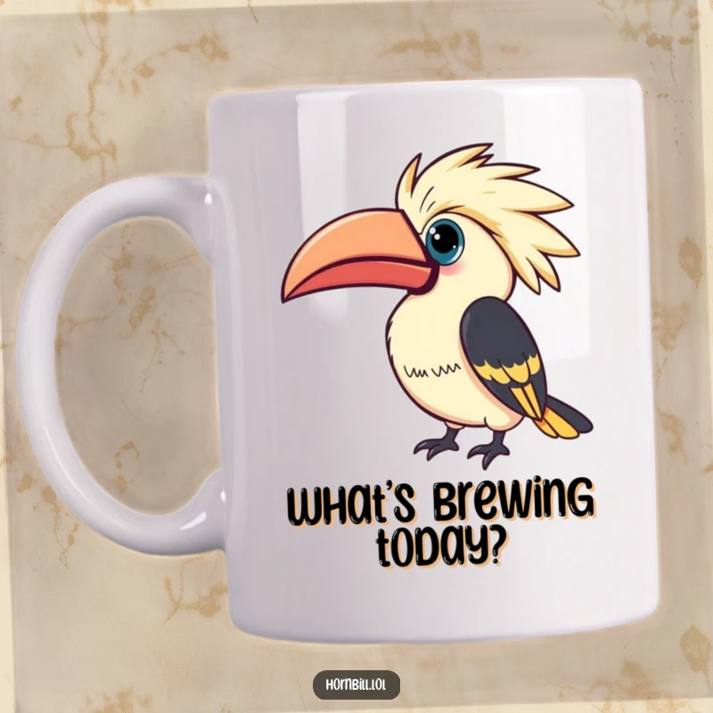 Funny Kawaii Hornbill Mug: Cute hornbill tilting its casque curiously, inquisitive expression, charming funny gift.