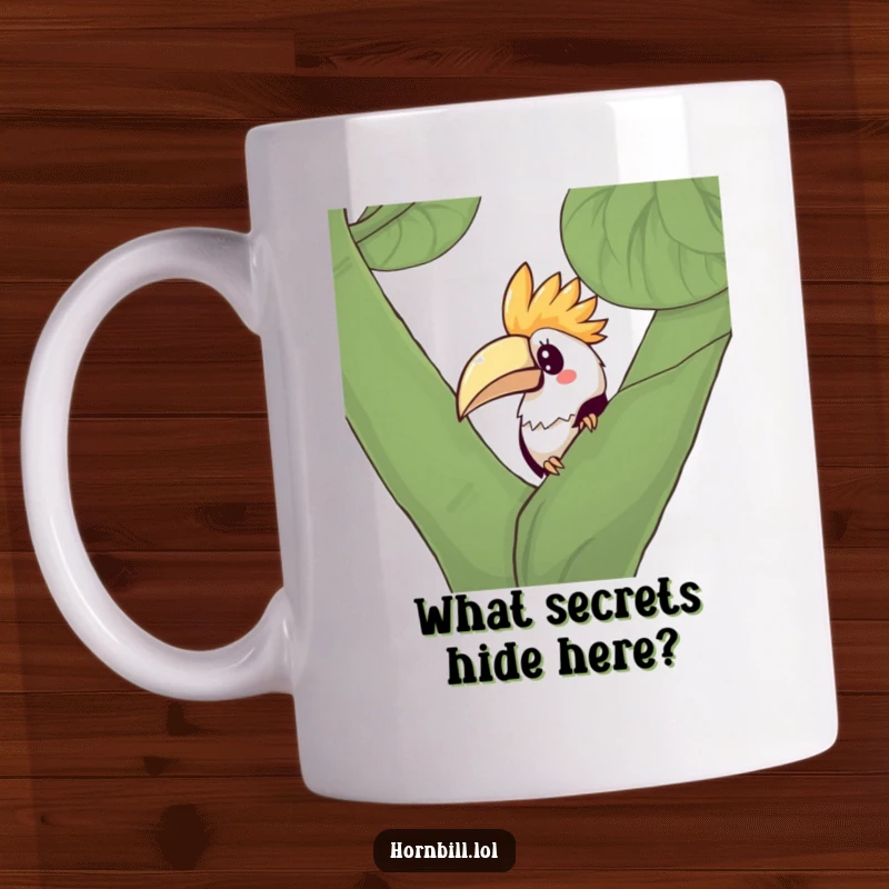 Funny Kawaii Hornbill Mug design showing a cute bird peeking curiously from behind a large green leaf, bringing joyful vibes.
