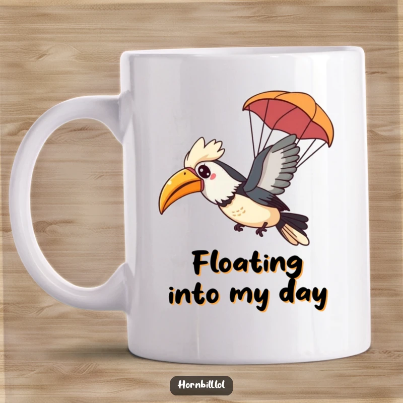 Funny Kawaii Hornbill Mug showing a happy bird gracefully gliding through the air using a tiny leaf as a parachute.