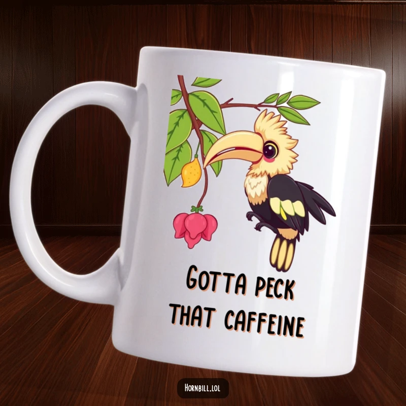 Funny kawaii hornbill mug, humorously pecking at a dangling vine with a playful expression, perfect for bird enthusiasts.