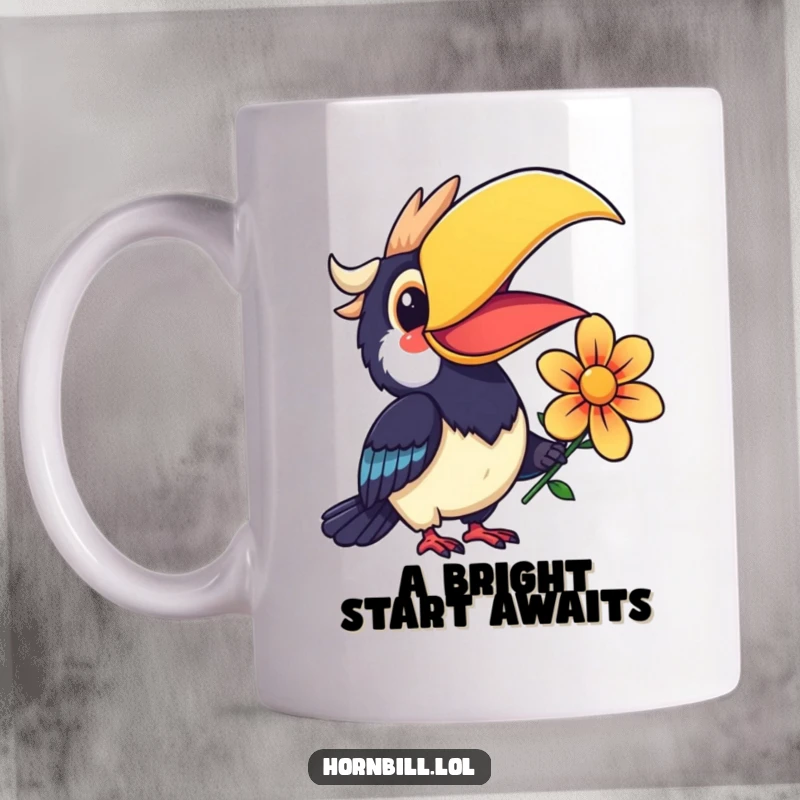 Funny Kawaii Hornbill Mug featuring a wide-smiling bird offering a beautiful, colorful flower.