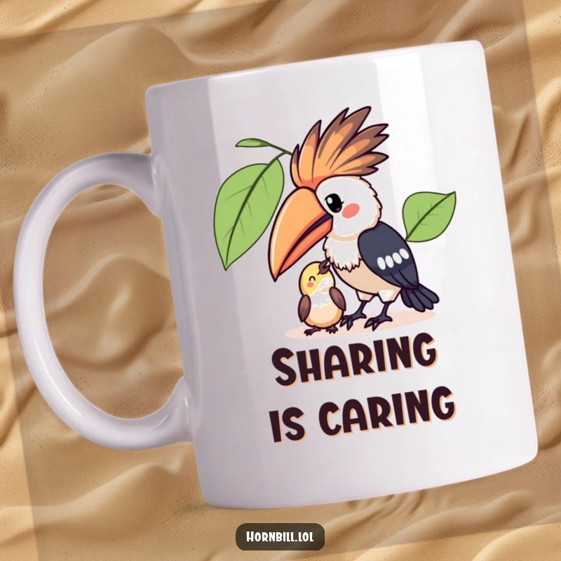Funny Kawaii Hornbill Sharing Mug: An adorable hornbill generously offering fruit to a tiny bird, showcasing cute friendship and generosity.