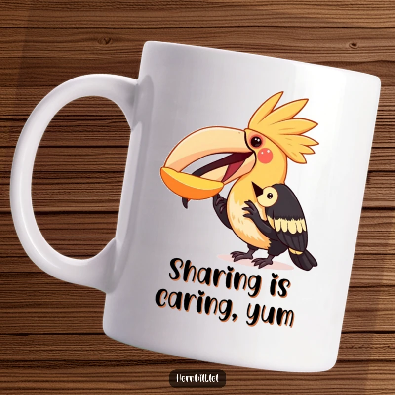 Funny hornbill mug showing a generous bird excitedly sharing a piece of fruit with a smaller, grateful bird, celebrating kindness.